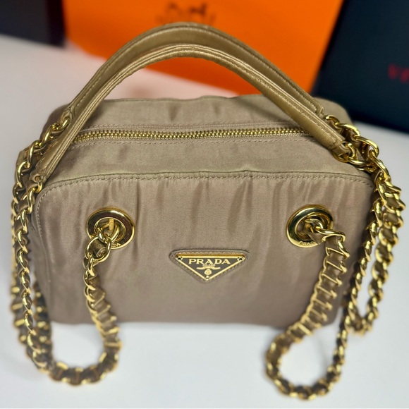 Auth PRADA Triangle Logo Tessuto Nylon Brown Chain Shoulder - Picture 14 of 17